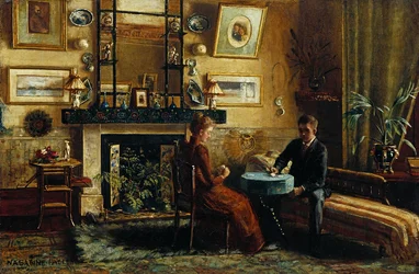 Interieur met een stel dat kaarten speelt, 1887-91